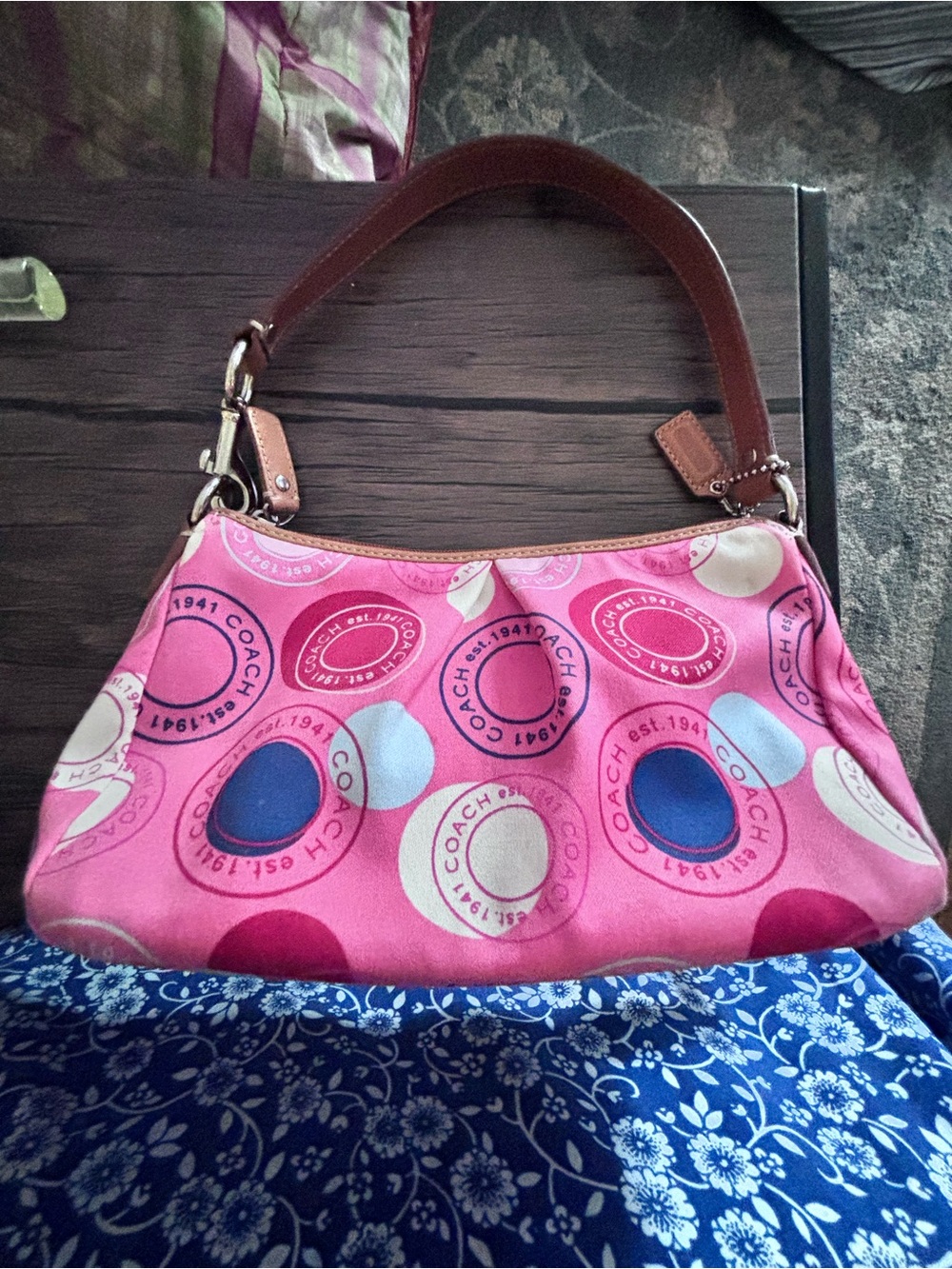 Coach Pink Canvas Shoulder Bag with Brown Strap and Blue Accent Circles